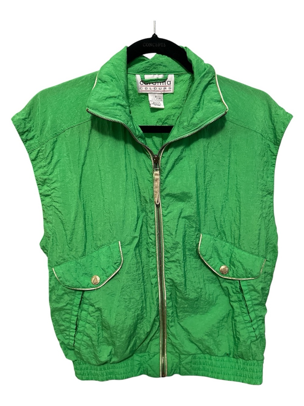 80s Bright Lime Green Nylon Sleeveless Zip Front Vest by Carolina Colours